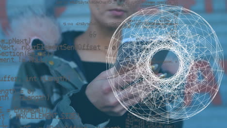 animación de procesamiento de datos y formas sobre mujer caucásica usando teléfono inteligente