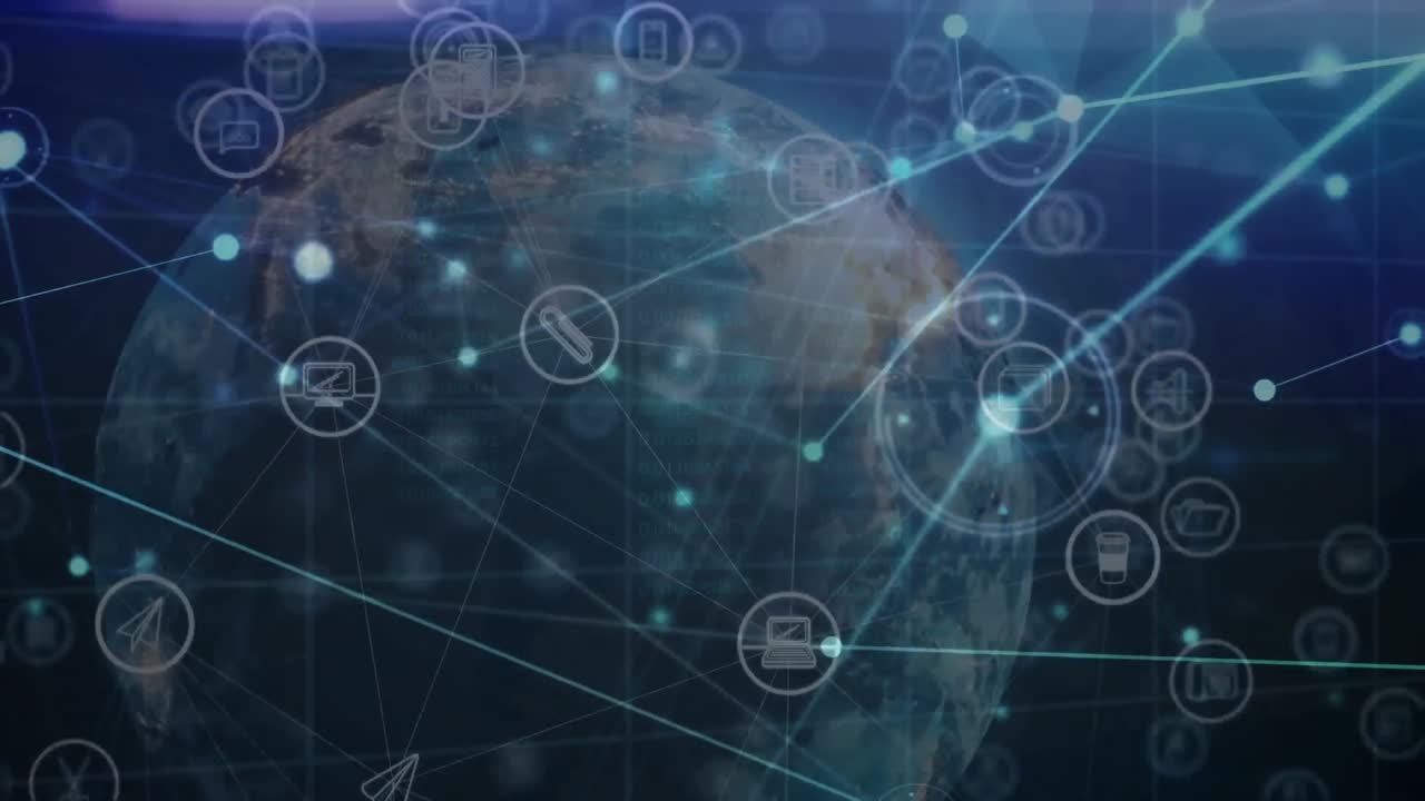 animación de la red de iconos digitales y rastros de luz azul contra el globo giratorio.