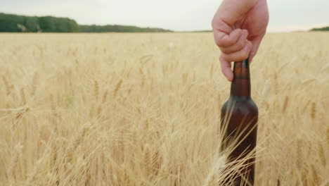 a man carries one bottle of cold beer over a field of barley