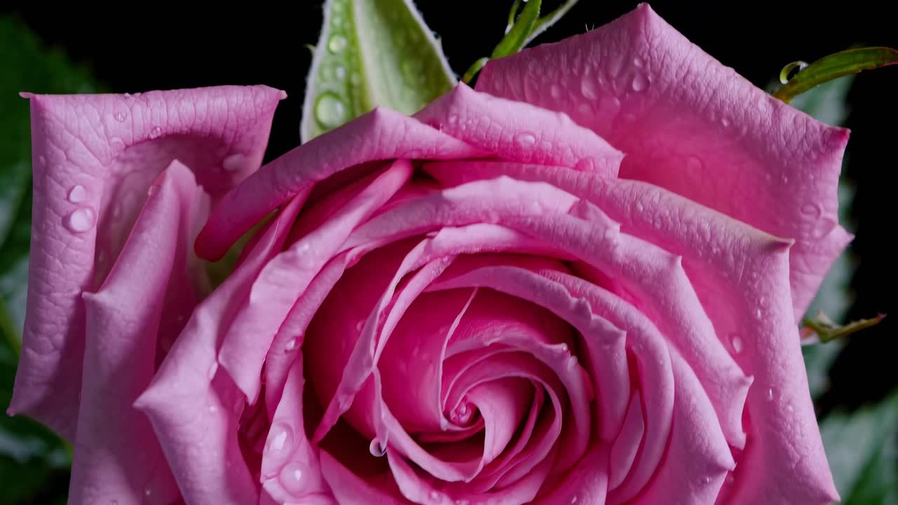 Video en primer plano de una rosa rosa con gotas de rocío, capturado desde un ángulo cenital.