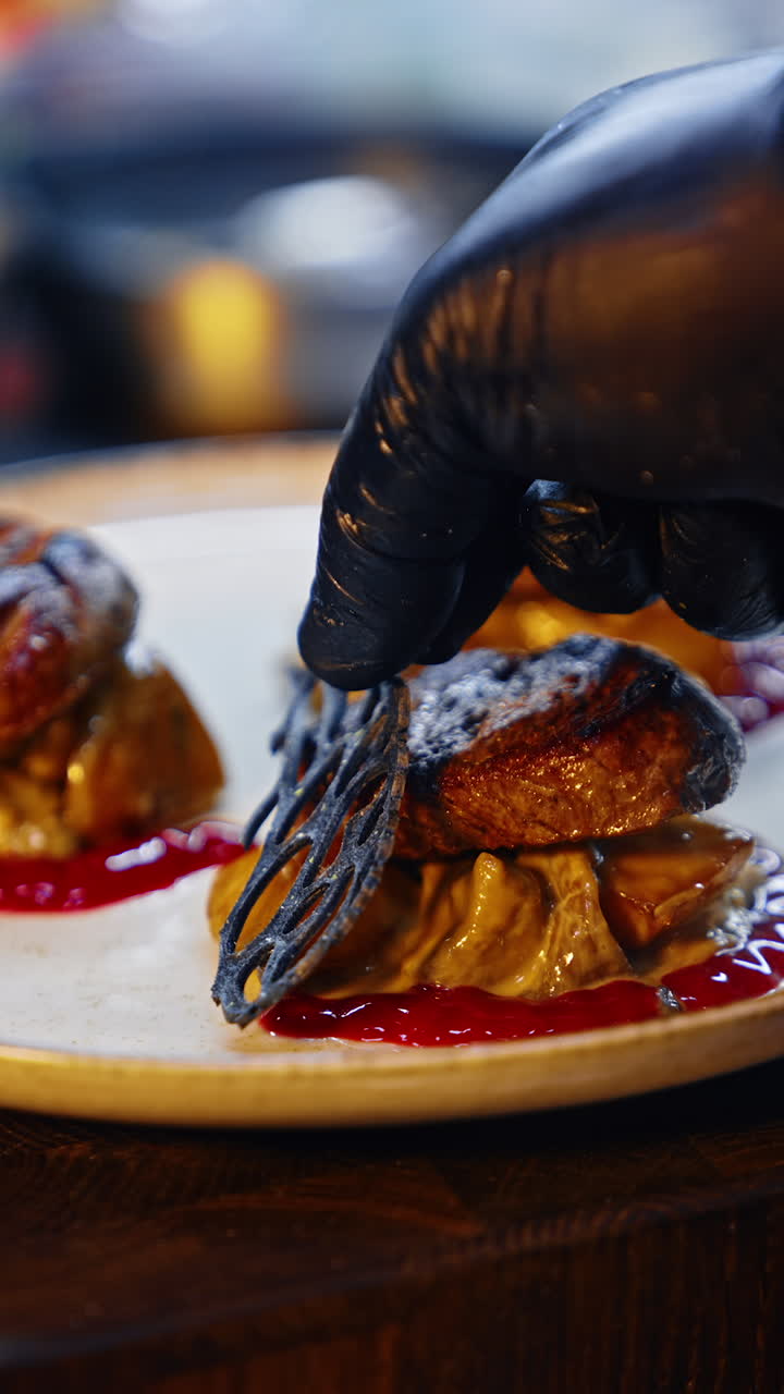 Delicious food preparation. Restaurant meal serving close up view. Vertical video.