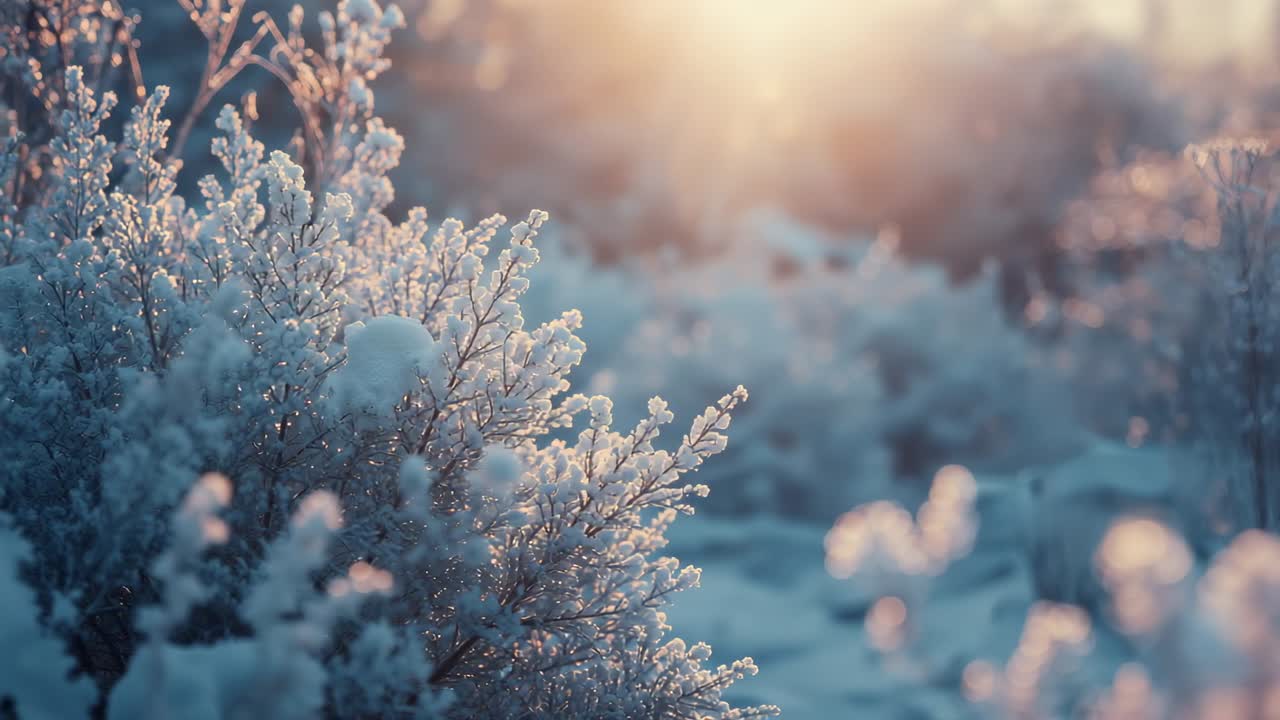 Glittering shrub shimmering under rising sun in snowy meadow with drifting frost, copy space