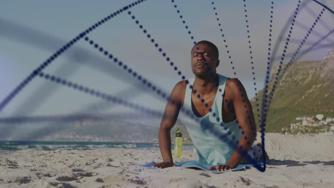 Animation of r african american man practicing yoga outdoors