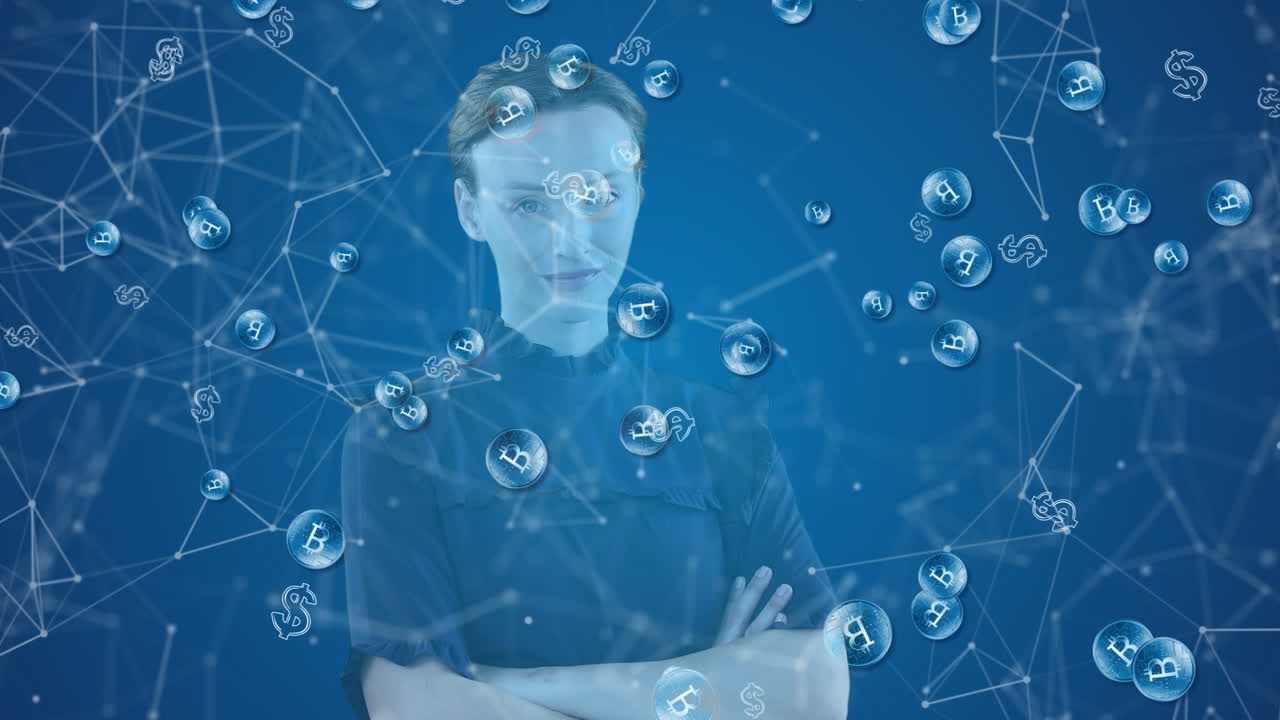 анимация сетей связи с биткойн-иконами над кавказской бизнесменкой