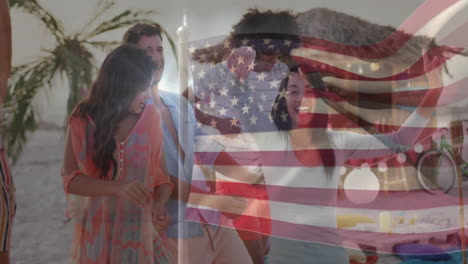 celebrating beach party, friends dancing with american flag animation overlay