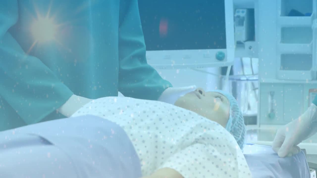 animación de un punto brillante sobre un cirujano que lleva una máscara facial en el hospital