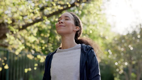 happy woman, alone and calm for breathing by