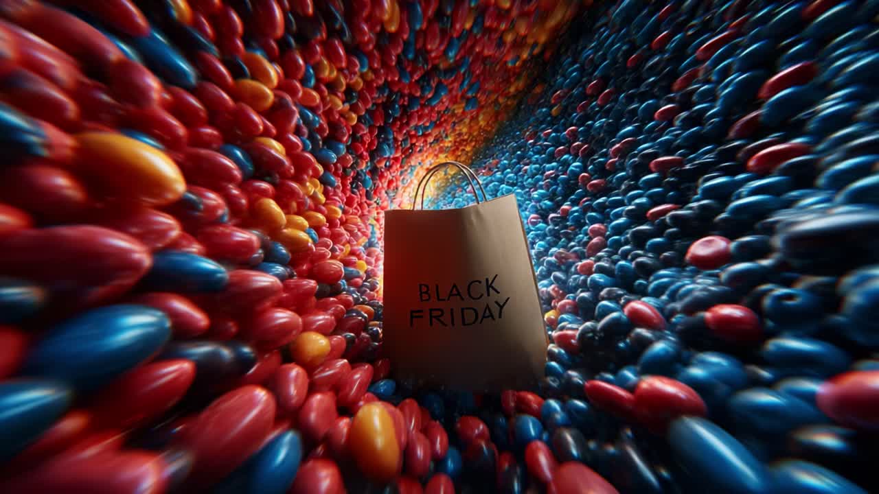 A vibrant swirl of colorful candy fills the frame, highlighting a brown shopping bag prominently featuring the words 'Black Friday,' symbolizing the excitement of seasonal shopping events