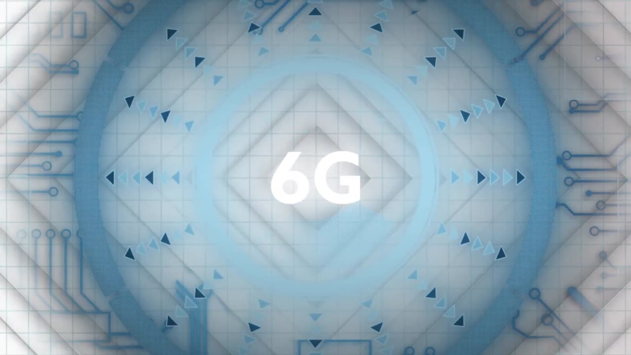 animación de texto de 6 g sobre escaneo de alcance y placa de circuito de computadora