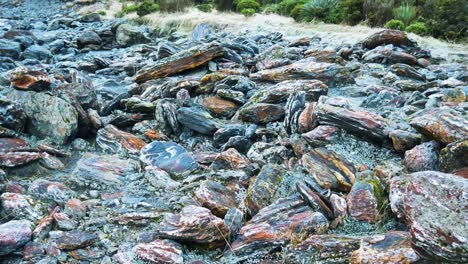 piedras cubiertas de escarcha en el lecho del río del valle
