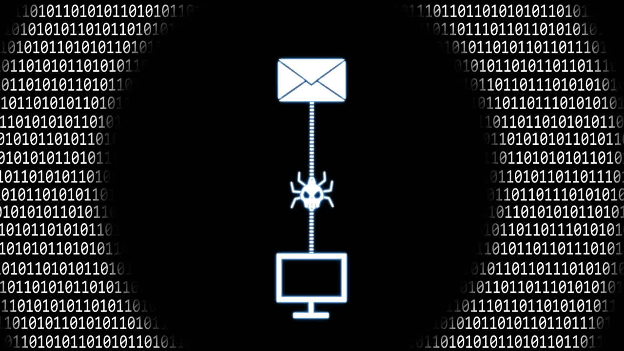 Infecting computer, email virus animation over binary code background