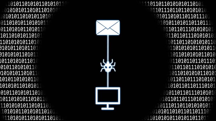 Infecting computer, email virus animation over binary code background