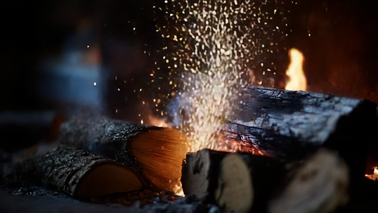 Captivating Flames: A Close-Up View of Cracking Logs with Sparkling Embers and Glittering Particles, Showcasing the Warmth and Beauty of a Relaxing Fire Experience