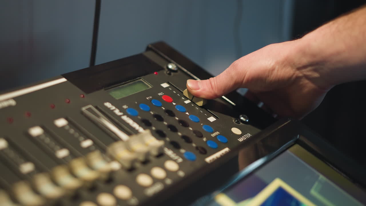 A person adjusts a professional sound or video equipment control panel. Focused on setting or adjusting controls on a complex device with buttons, dials, and screen. Shot in low light setting