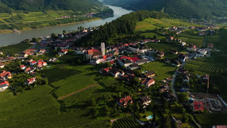 órbita aérea panorámica sobre la idílica ciudad rural de spitz, austria en el fértil valle de wachau