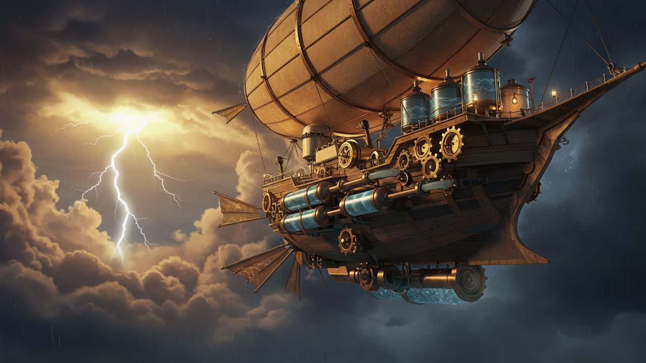 Majestic Steampunk Airship Navigating Through Dark Stormy Skies, Illuminated by Lightning, Capturing the Essence of Adventure and Innovation in a Fantastical World