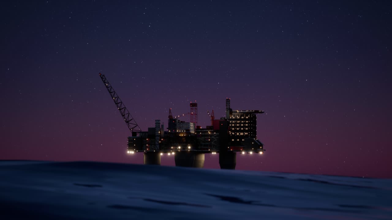 Offshore Oil And Gas Platform In The Sea At Beautiful Night Sky. Jack Up Rig Crude Oil Production In Ocean