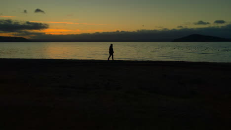 slow pan to a lonely person at dusk slowly walking alone along shore at sunset with horizon in background