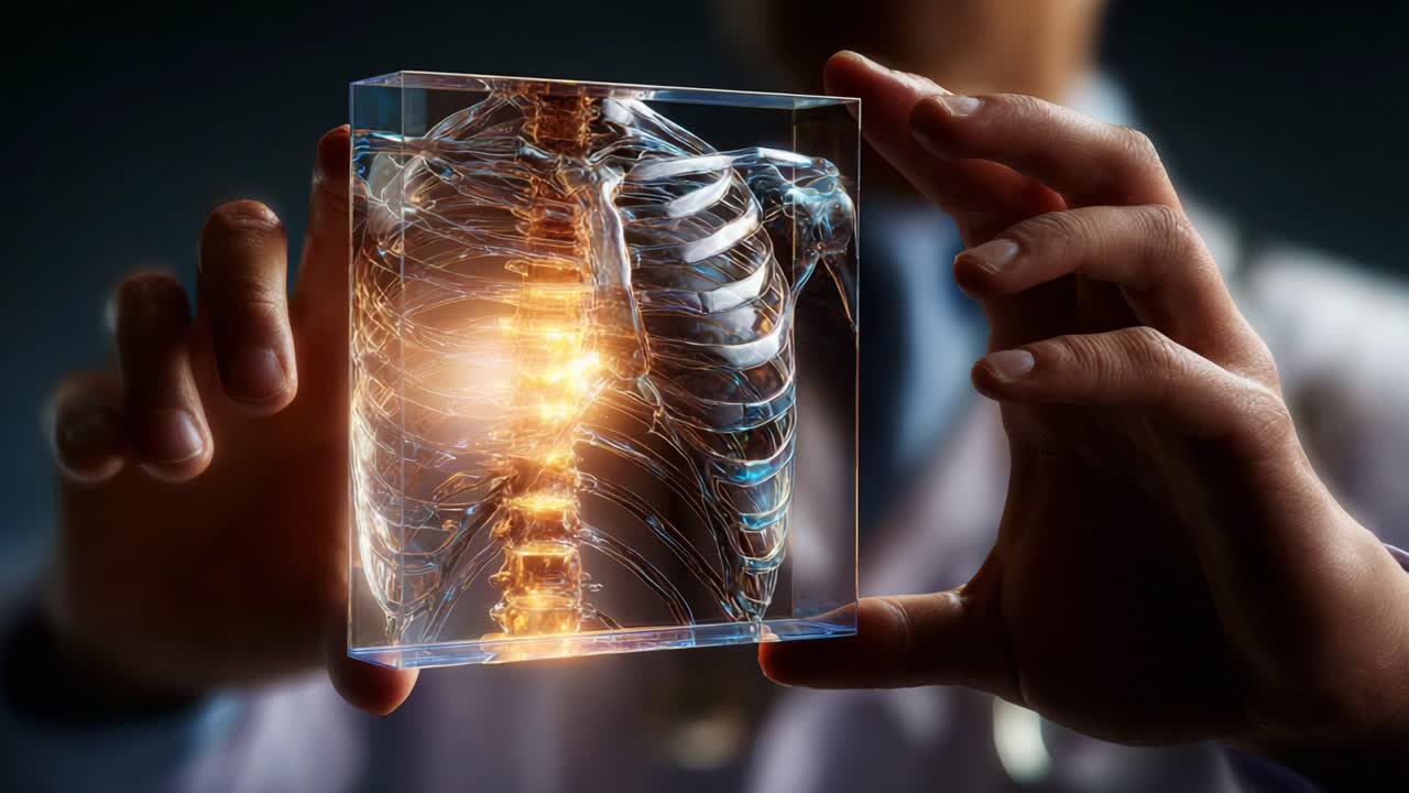 A medical professional examines a holographic representation of the human rib cage and spine, showcasing detailed anatomical features in an advanced visualization of human anatomy