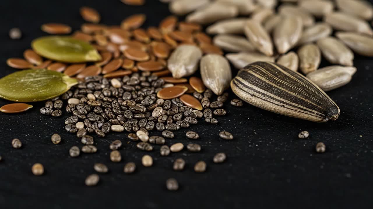 A Detailed Look at a Variety of Nutritious Seeds Spread Across a Black Surface, Showcasing Their Unique Textures and Colors in an Abstract Arrangement