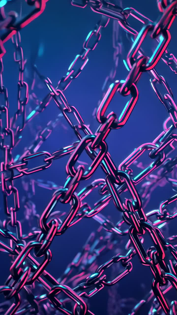 Vertical video: Starting metallic chain link sphere rotating in void, revealing neon glow