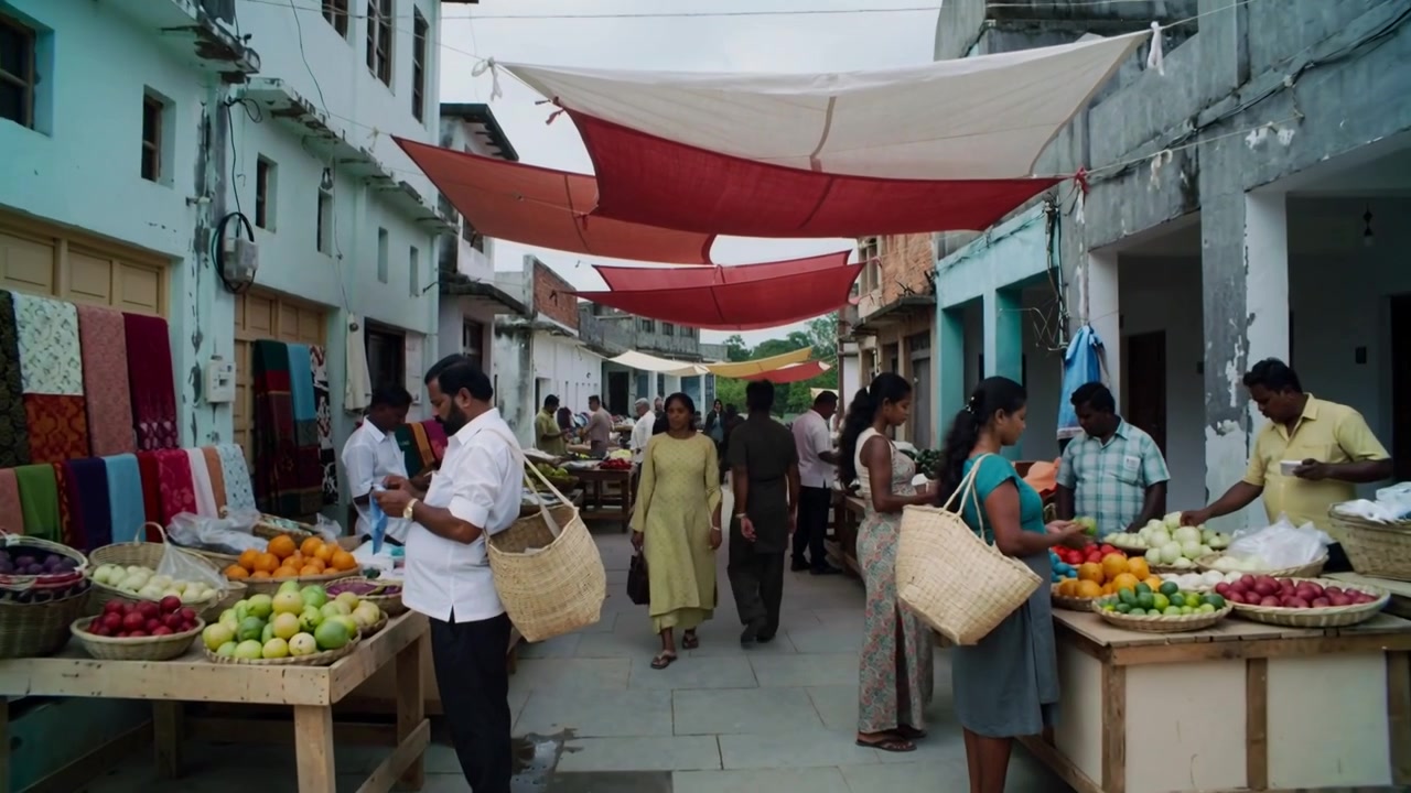 Walking woman in pale green dress being spurred by market bustle, moving down center past textiles