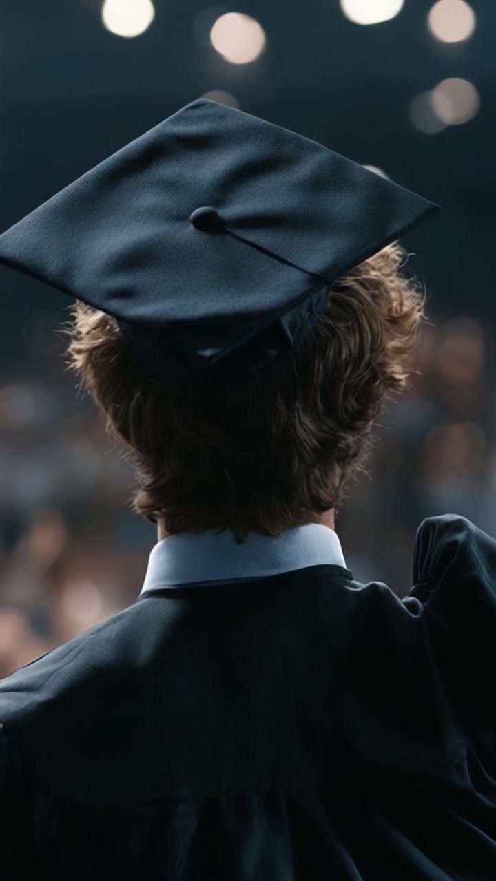 Uno studente che si laurea celebra un traguardo con tocco e toga in una cerimonia affollata, a significare il passaggio a un nuovo capitolo della vita.