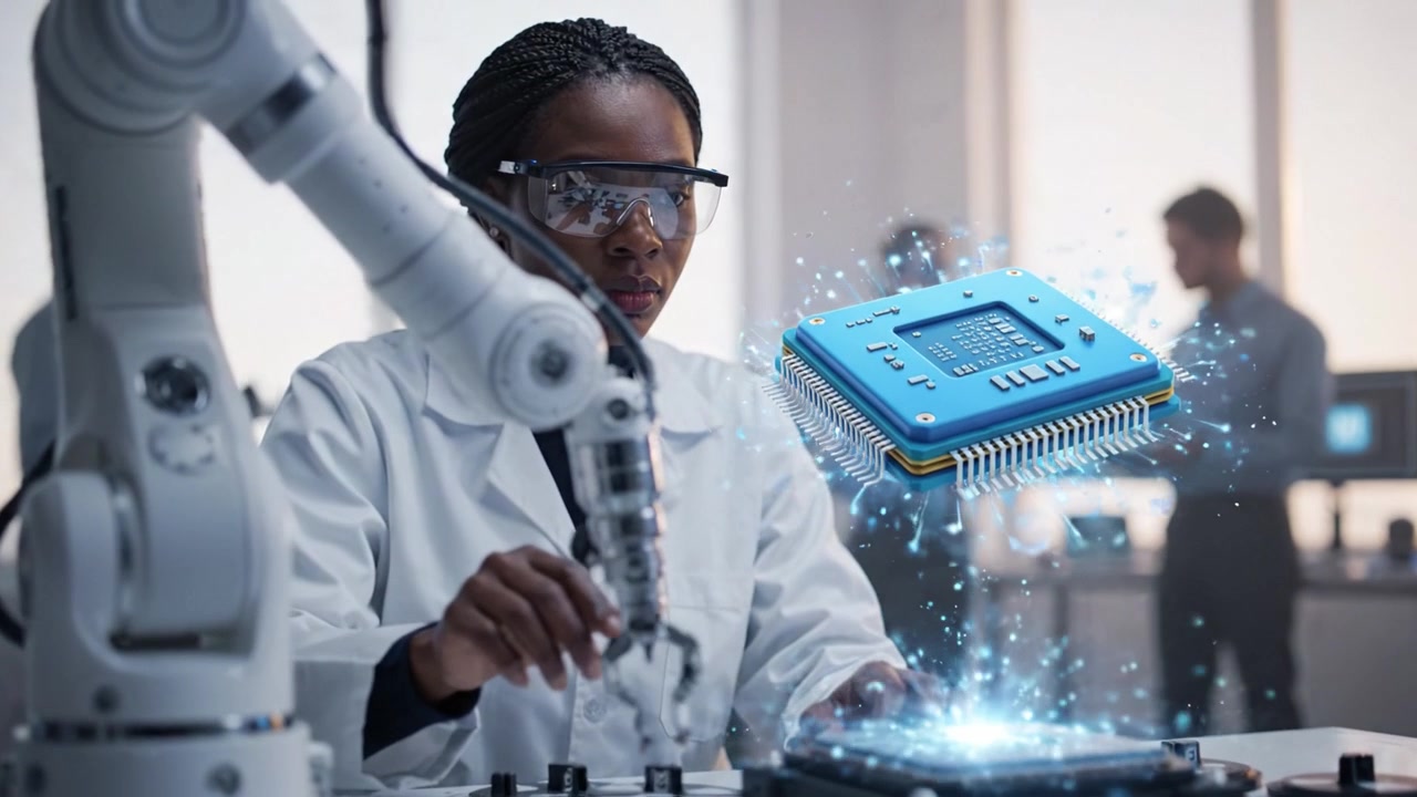 Innovative researcher in a laboratory using robotic technology for advanced chip development, showcasing the fusion of automation and electronics in modern innovation.