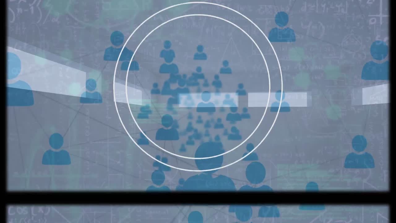 animación de círculos blancos y marco deslizante con red de personas iconos y datos, en gris