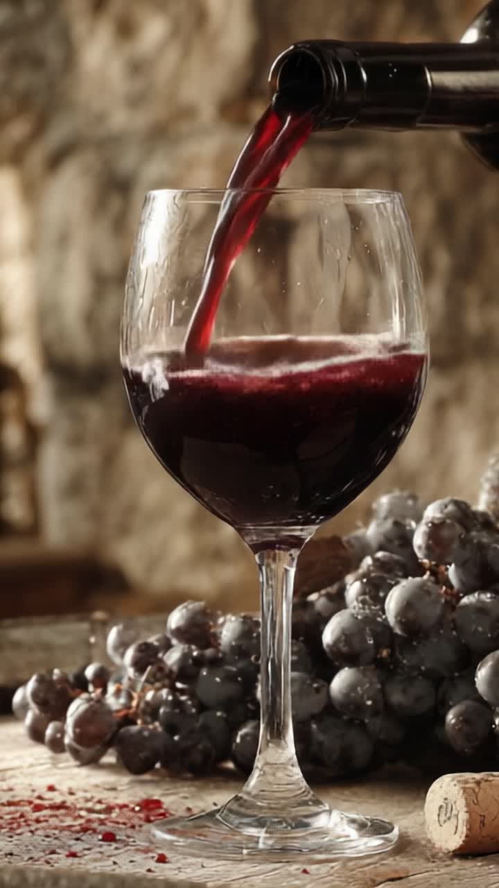 Un'esperienza enologica accattivante: versare vino rosso corposo in un bicchiere circondato da uva succosa, esaltando l'arte della vinificazione e i sapori distintivi