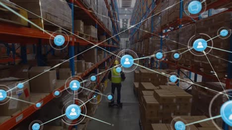 animation of network of digital icons over male worker on hoverboard checking stock at warehouse