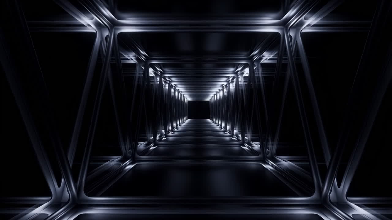 Futuristic Dark Tunnel with Glowing Metallic Frames