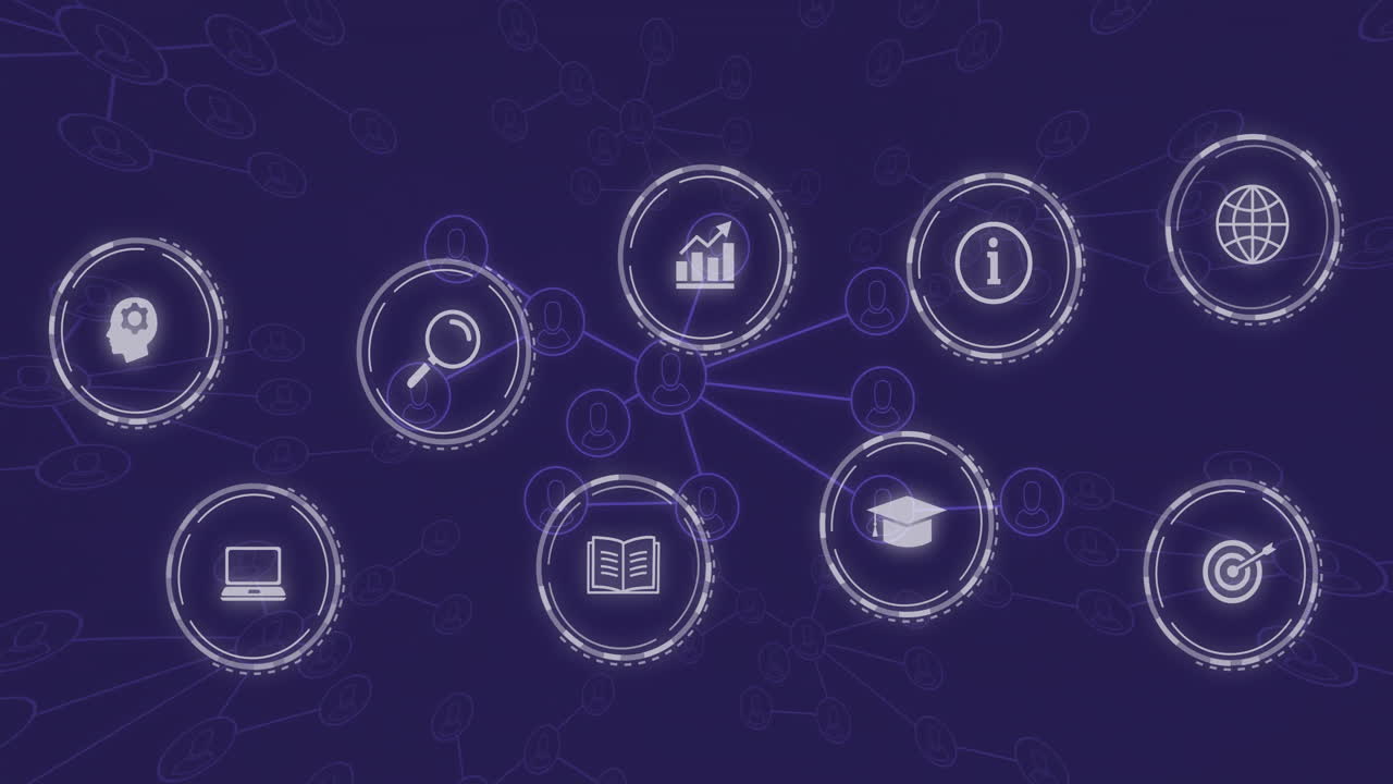 Animation of interconnected icons representing technology and education in school setting