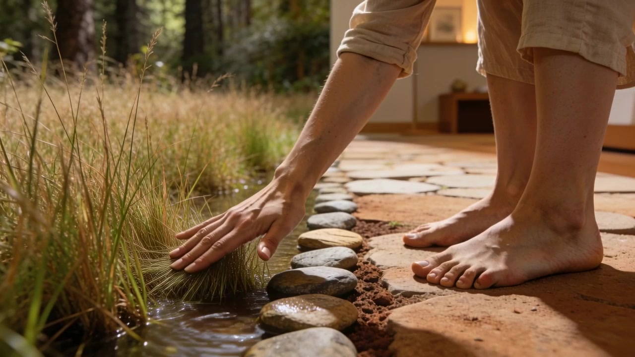 Leaning barefoot in rolled pants brushing grass touching rocks dipping finger in pond to feel water
