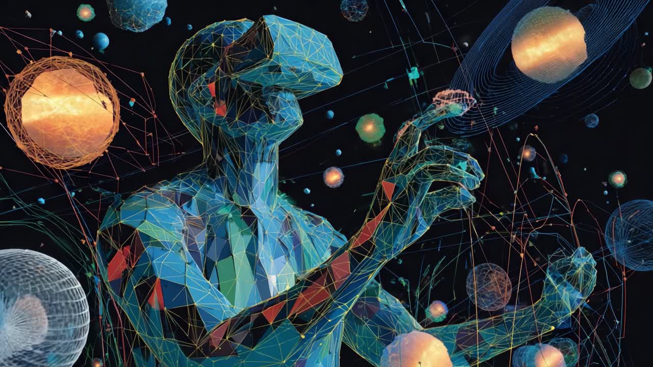 A futuristic portrayal of a virtual reality user immersed in an expansive cosmos, showcasing an artistic interpretation of digital landscapes, celestial bodies, and immersive technology through vibrant lines and abstract forms