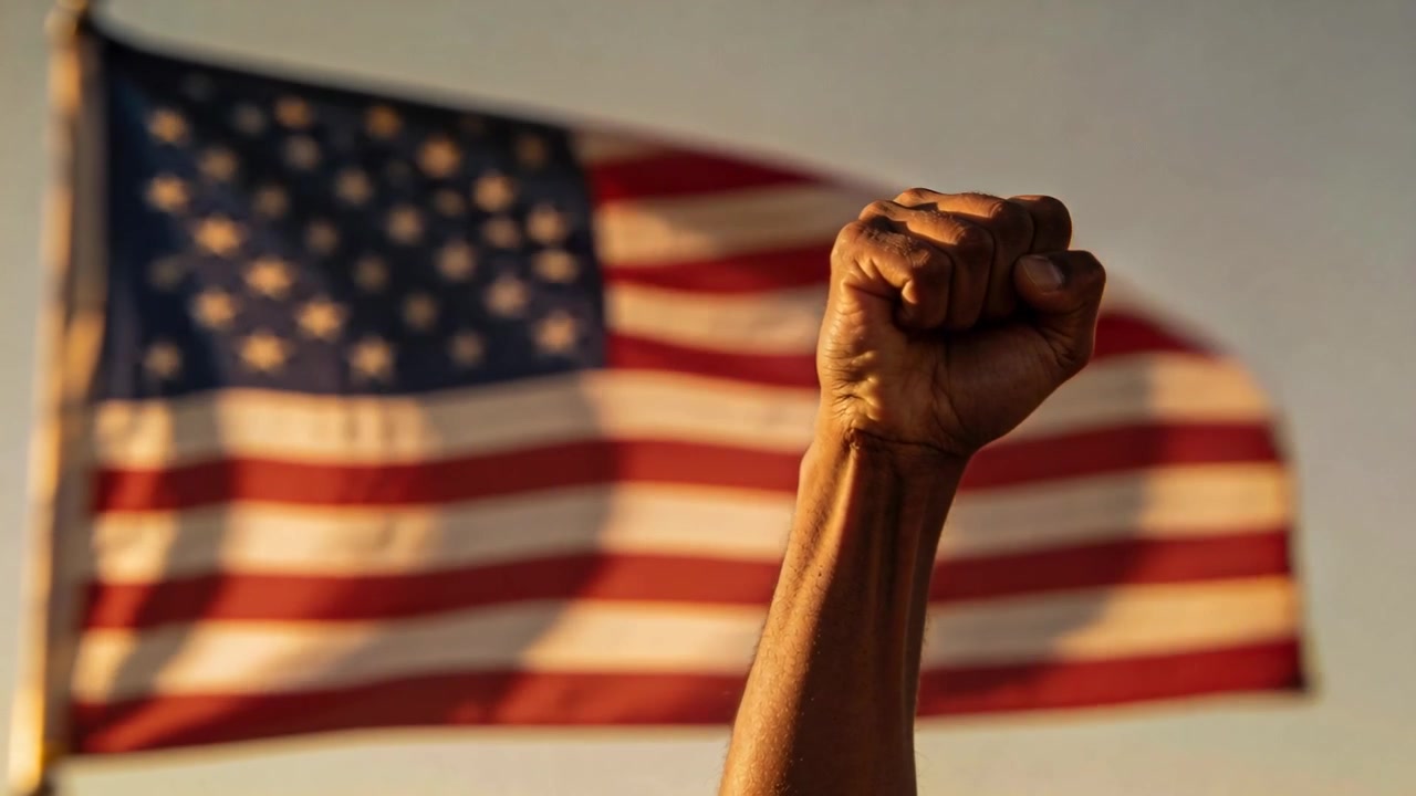 Person holding raised clenched fist and arm at pole, showing solidarity as wind waves American flag