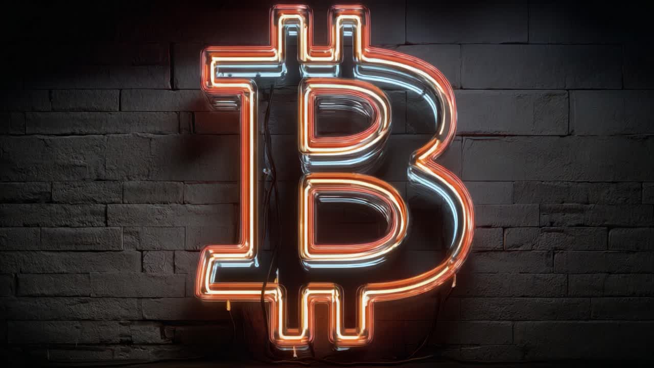 A Bright Neon Bitcoin Symbol Illuminated Against a Dark Wall, Representing Cryptocurrency Culture and Digital Financial Innovation in a Modern Aesthetic