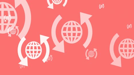 Animation-of-online-white-globe-with-arrows-icons-moving-on-pink-background