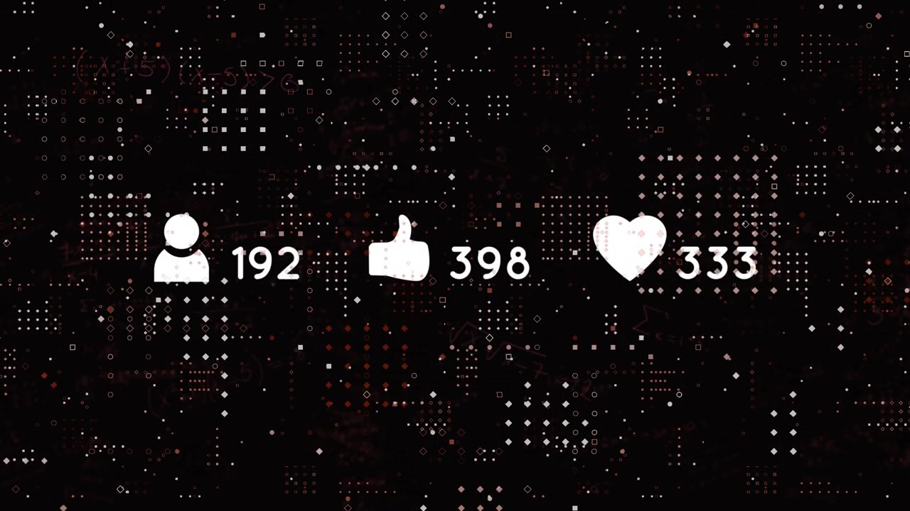 After one second social metric icons updating and pulsing on digital grid showing engagement growth