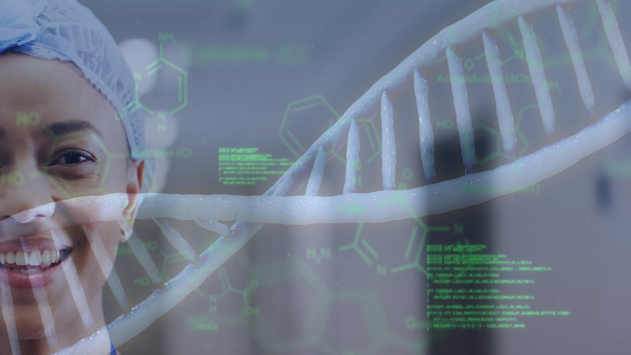 Animation of dna strand and medical data over half face of smiling biracial female doctor