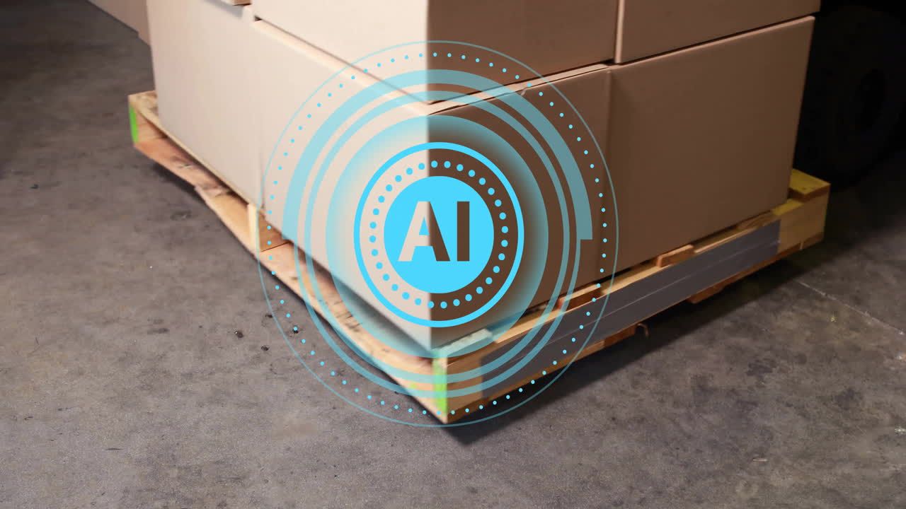 simbolo e grafica circolare su scatole di cartone impilate su pallet di legno