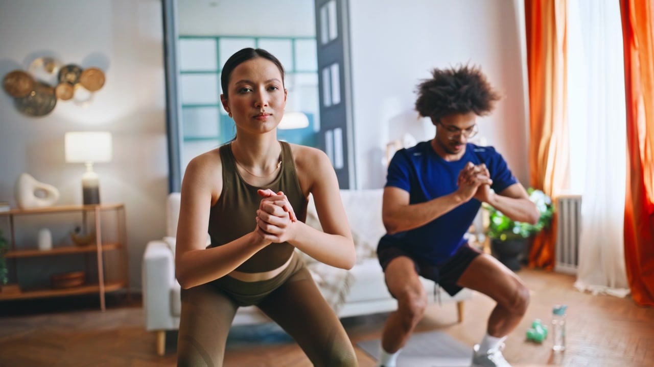 Couple doing squats together home living room. Fitness training morning workout.