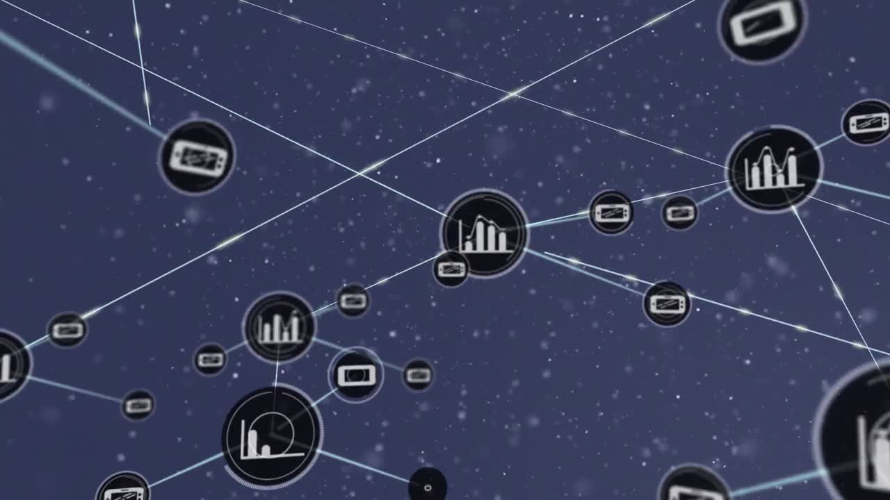 Animation of network of connections of graph icons on black background