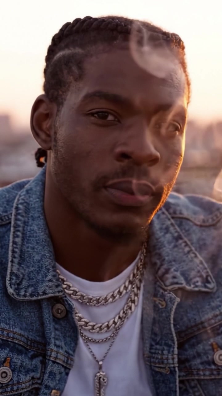 Un uomo pensieroso con uno sguardo penetrante si gode un momento di riflessione mentre fuma una sigaretta sullo sfondo di un caldo tramonto, mostrando uno stile casual e un momento di introspezione.