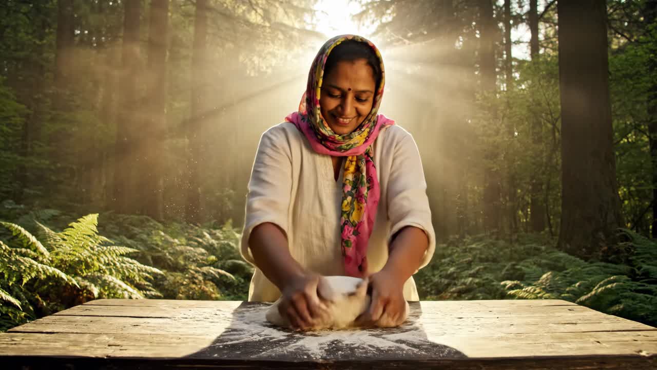 Woman Baking Bread in a Forest Setting