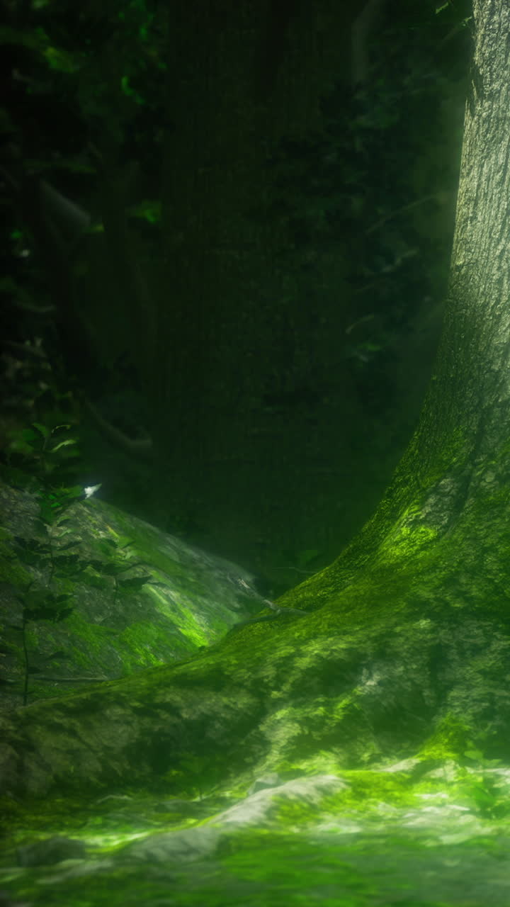 La luz se filtra entre los árboles sobre el suelo cubierto de musgo en un entorno forestal.