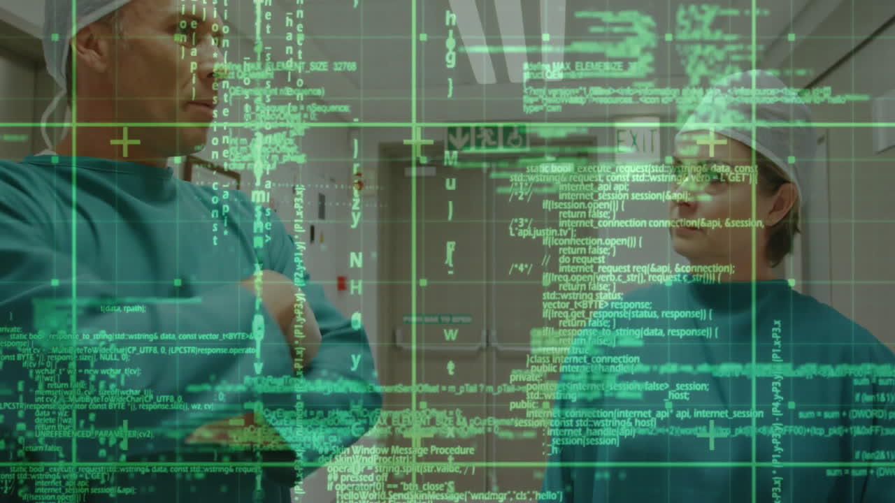 In office, animation of green digital code overlaying scene with two people