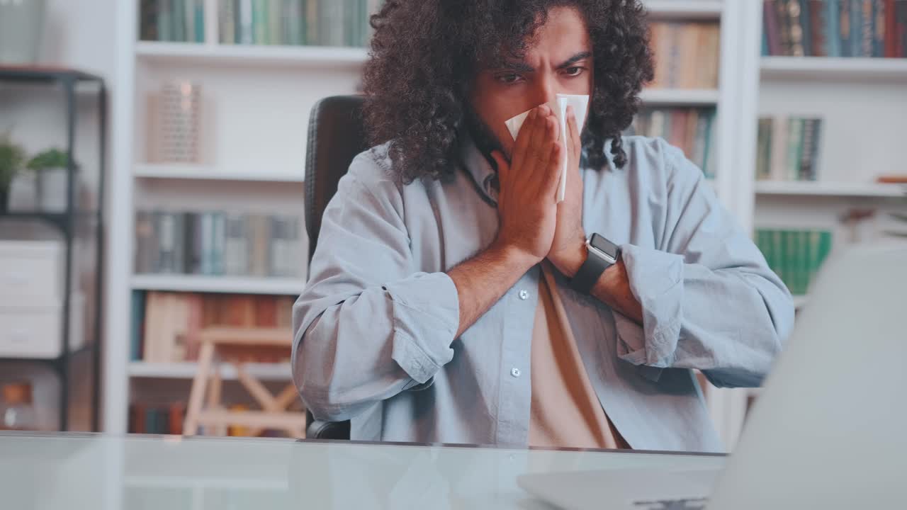 Young unhealthy arabian man sneezes covering mouth with paper tissue