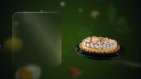 lemon meringue pie dessert with light bokeh – glass overlay appears on the left for writing menu names or deals