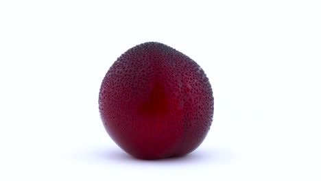 one whole purple maynard plum with water drops rotating on the turntable. isolated on the white background. closeup. macro.